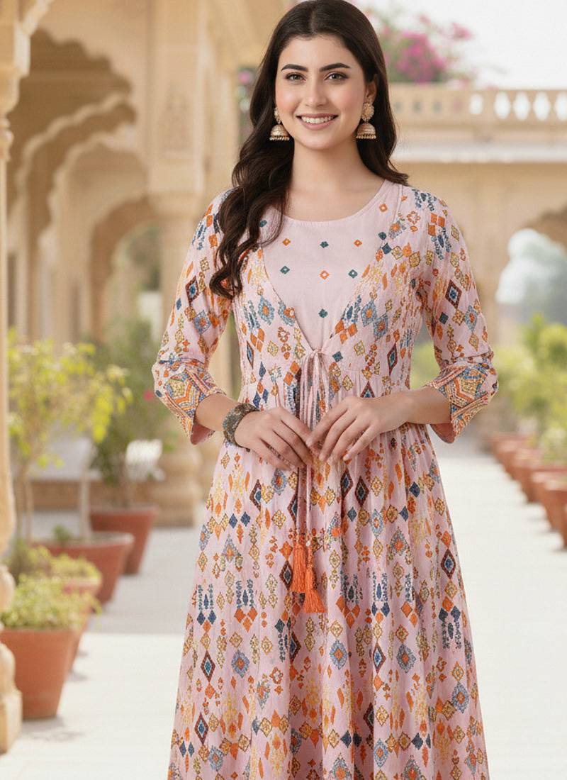 Ftdiva women's  embroidered anarkali pink printed kurti in rayon