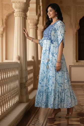 Ftdiva women's  embroidered anarkali blue printed kurti in rayon