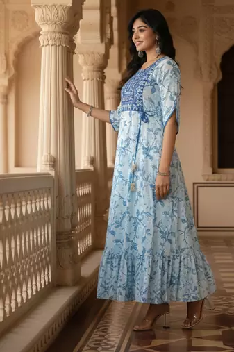 Ftdiva women's  embroidered anarkali blue printed kurti in rayon
