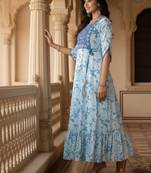 Ftdiva women's  embroidered anarkali blue printed kurti in rayon