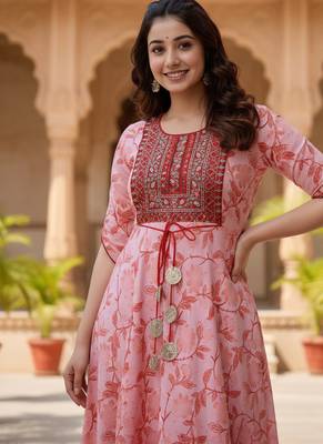 Ftdiva women's  embroidered anarkali pink printed kurti in rayon 1