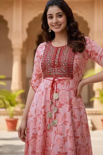 Ftdiva women's  embroidered anarkali pink printed kurti in rayon