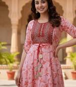 Ftdiva women's  embroidered anarkali pink printed kurti in rayon