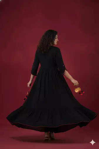 Ftdiva women's  embroidered anarkali black printed kurti in rayon