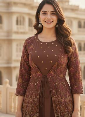 Ftdiva women's embroidered anarkali brown printed kurti in rayon 1