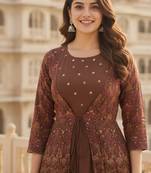 Ftdiva women's embroidered anarkali brown printed kurti in rayon