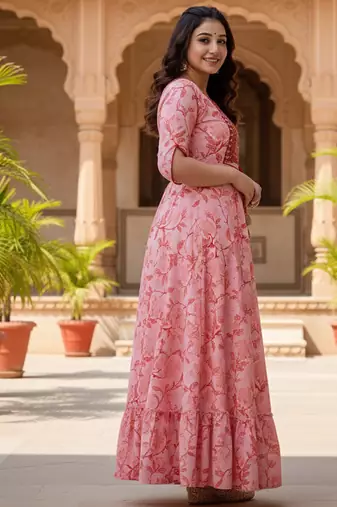 Ftdiva women's  embroidered anarkali pink printed kurti in rayon
