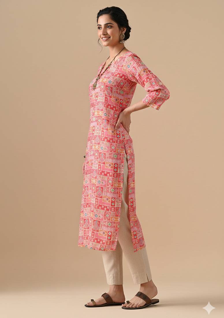 Ftdiva women stylish paisley printed straight kurta in pink