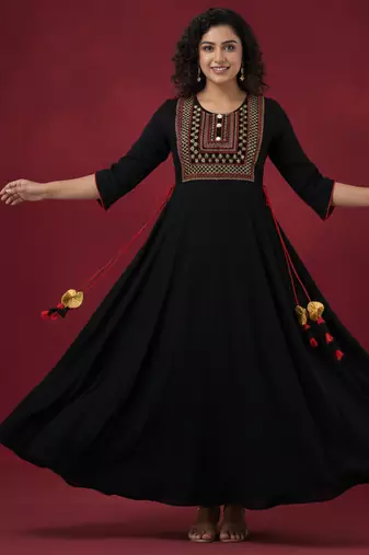 Ftdiva women's  embroidered anarkali black printed kurti in rayon