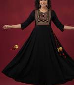 Ftdiva women's  embroidered anarkali black printed kurti in rayon