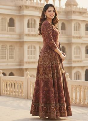 Ftdiva women's embroidered anarkali brown printed kurti in rayon 3