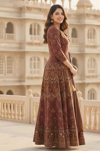 Ftdiva women's embroidered anarkali brown printed kurti in rayon