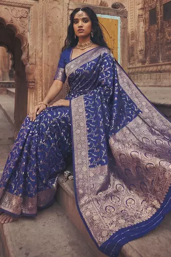 navy silk blend saree with blouse