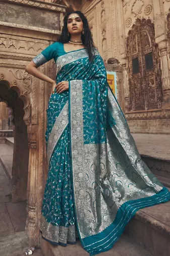 blue silk blend saree with blouse