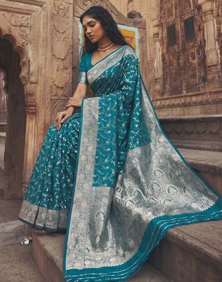 blue silk blend saree with blouse 2