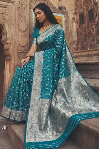 blue silk blend saree with blouse