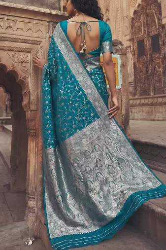 blue silk blend saree with blouse