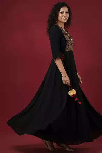 Ftdiva women's  embroidered anarkali black printed kurti in rayon
