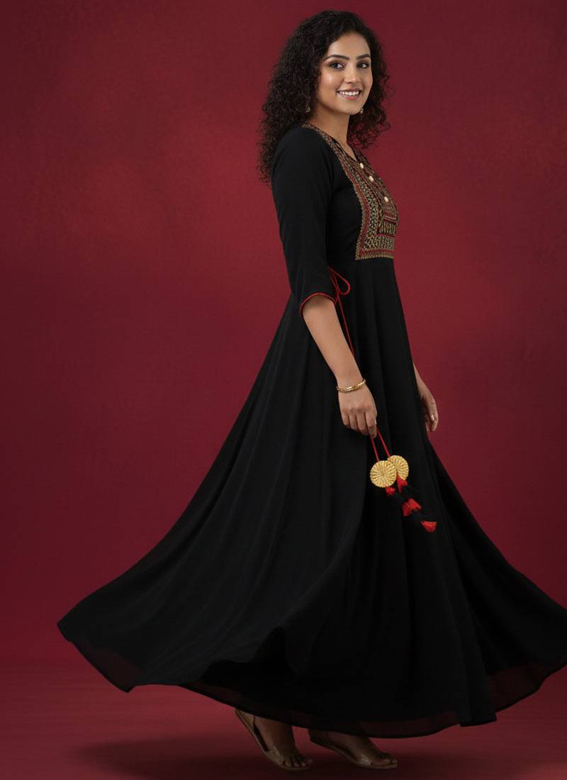 Ftdiva women's  embroidered anarkali black printed kurti in rayon