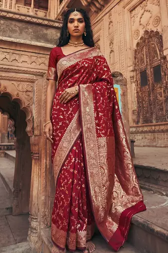 red silk blend saree with blouse
