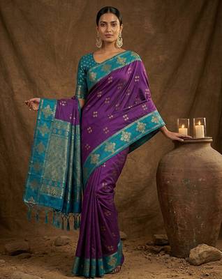 Purple silk blend saree with blouse 2