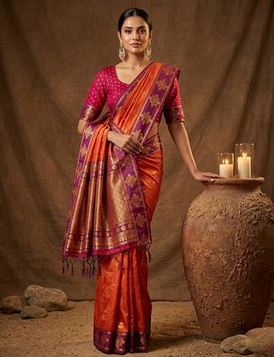 Orange silk blend saree with blouse 2