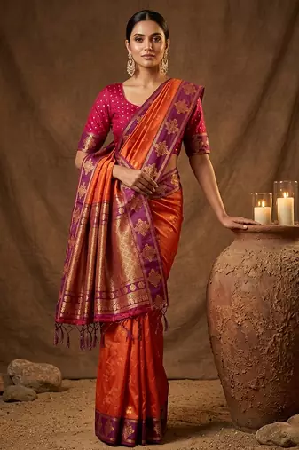 Orange silk blend saree with blouse