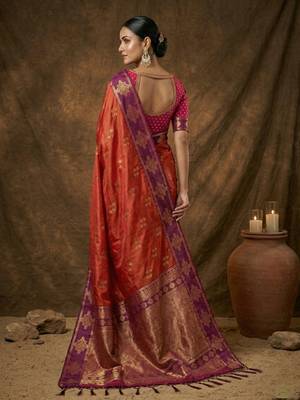Orange silk blend saree with blouse 3