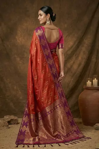 Orange silk blend saree with blouse