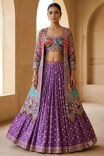 Purple Silk Navratri Lehnega Choli With Koti