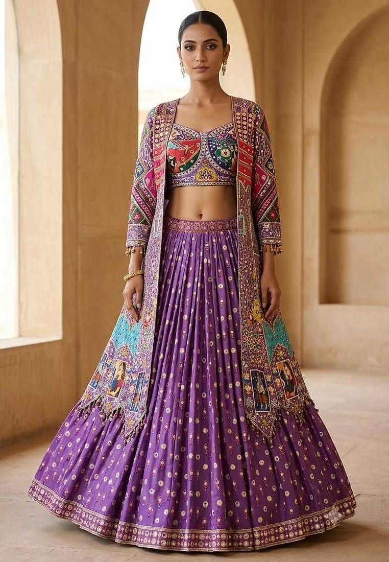 Purple Silk Navratri Lehenga Choli With Koti