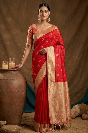 Red silk blend saree with blouse