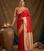 Red silk blend saree with blouse