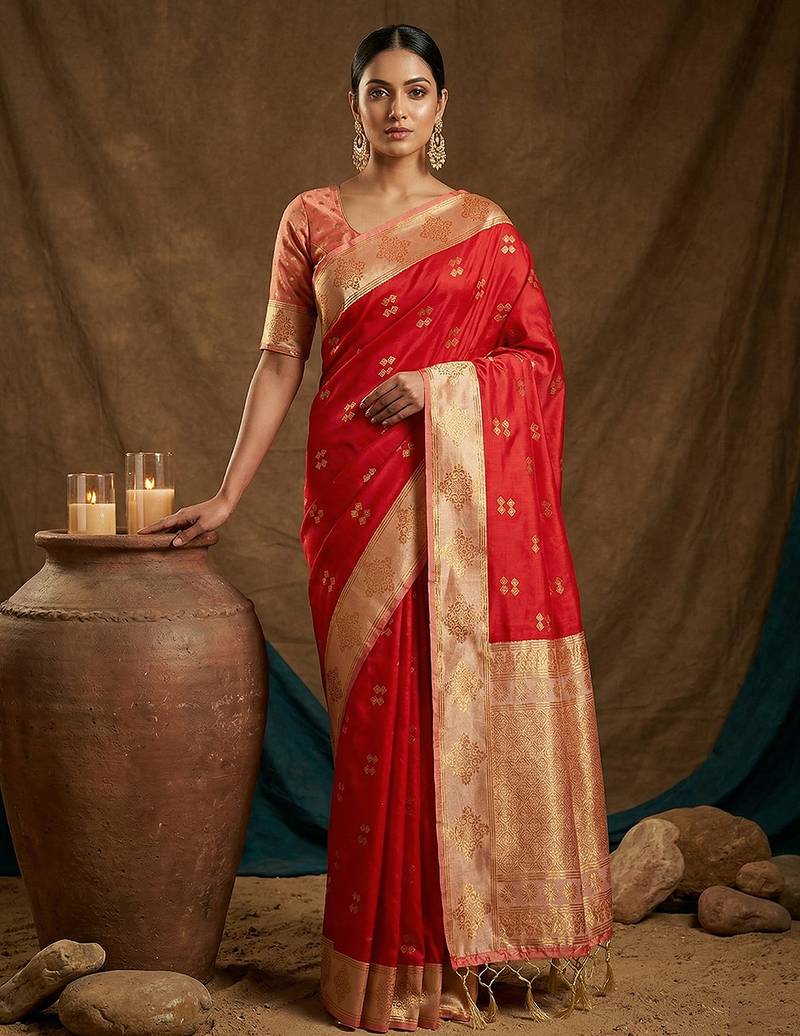Red silk blend saree with blouse