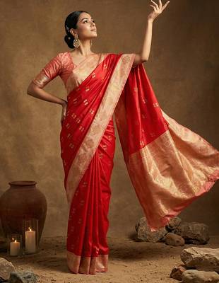 Red silk blend saree with blouse 2