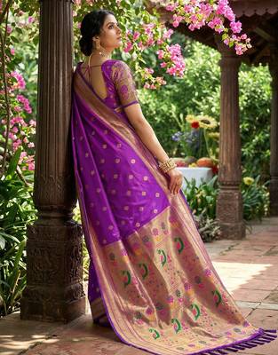 Violet silk blend saree with blouse 2