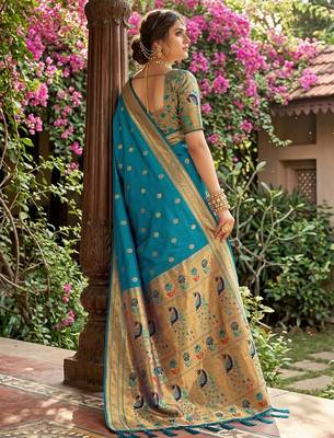 Sky blue silk blend saree with blouse 3