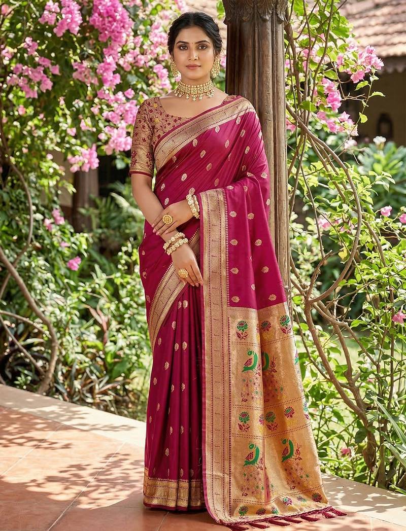 Magenta silk blend saree with blouse