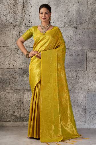 mustard kanchipuram silk blend saree with blouse