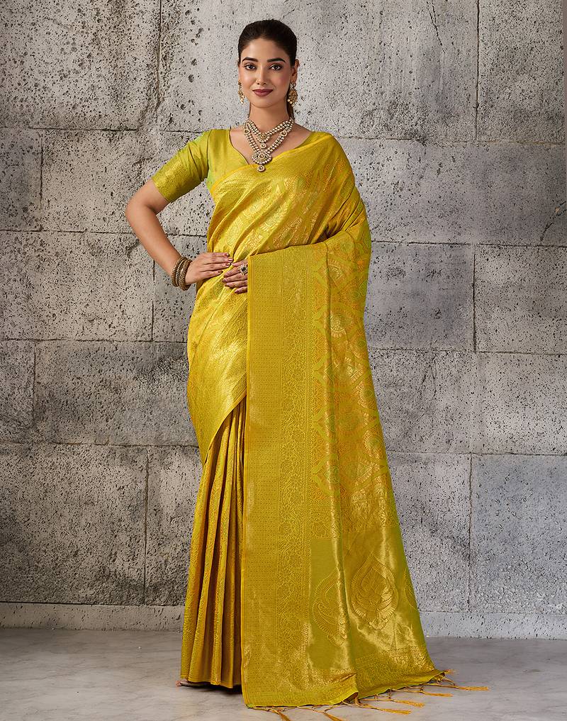 mustard kanchipuram silk blend saree with blouse