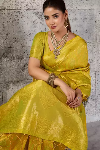 mustard kanchipuram silk blend saree with blouse