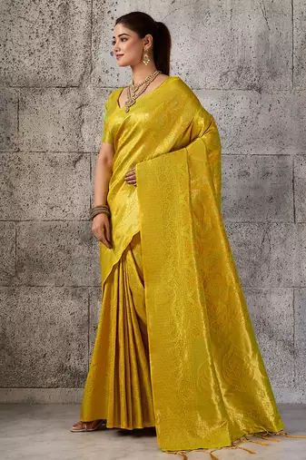 mustard kanchipuram silk blend saree with blouse