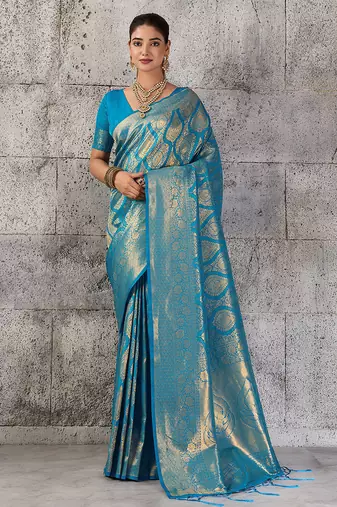 blue kanchipuram silk blend saree with blouse