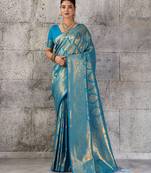 blue kanchipuram silk blend saree with blouse