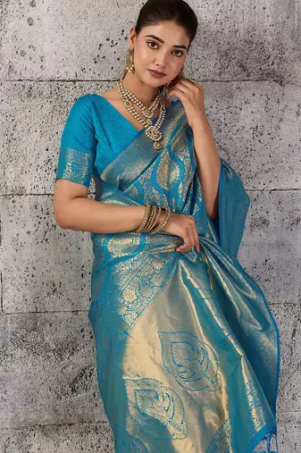 blue kanchipuram silk blend saree with blouse