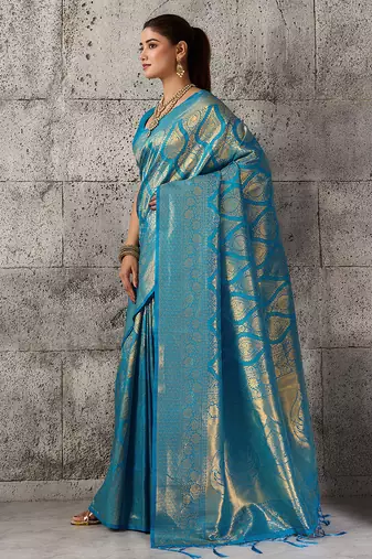blue kanchipuram silk blend saree with blouse