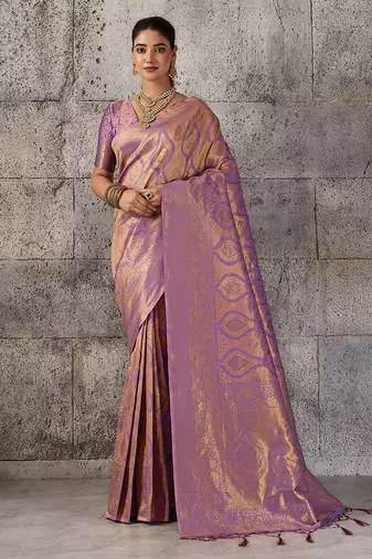purple kanchipuram silk blend saree with blouse