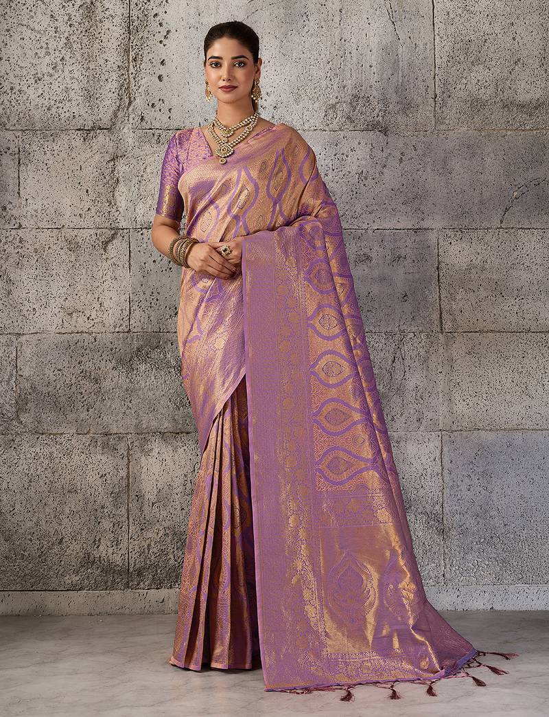 purple kanchipuram silk blend saree with blouse