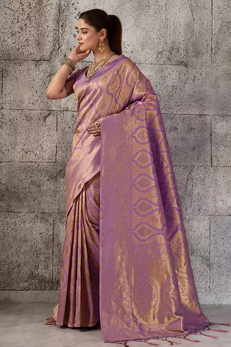 purple kanchipuram silk blend saree with blouse