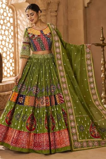 Green Cotton Navratri Lehenga Choli With Dupatta